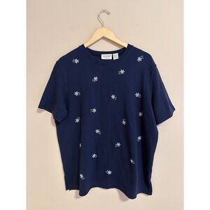 Vintage Navy Blue Ribbed Knit Daisy Embroidered Short Sleeve Top 16/18W